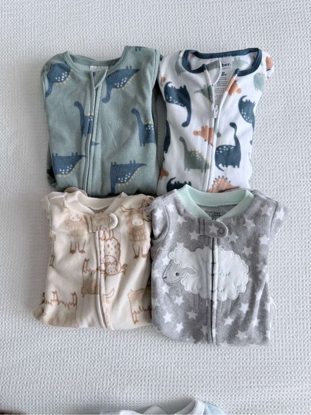 4-Pack Multi-Color Baby Fleece Footed Onesies- Dinosaur & Sheep Prints